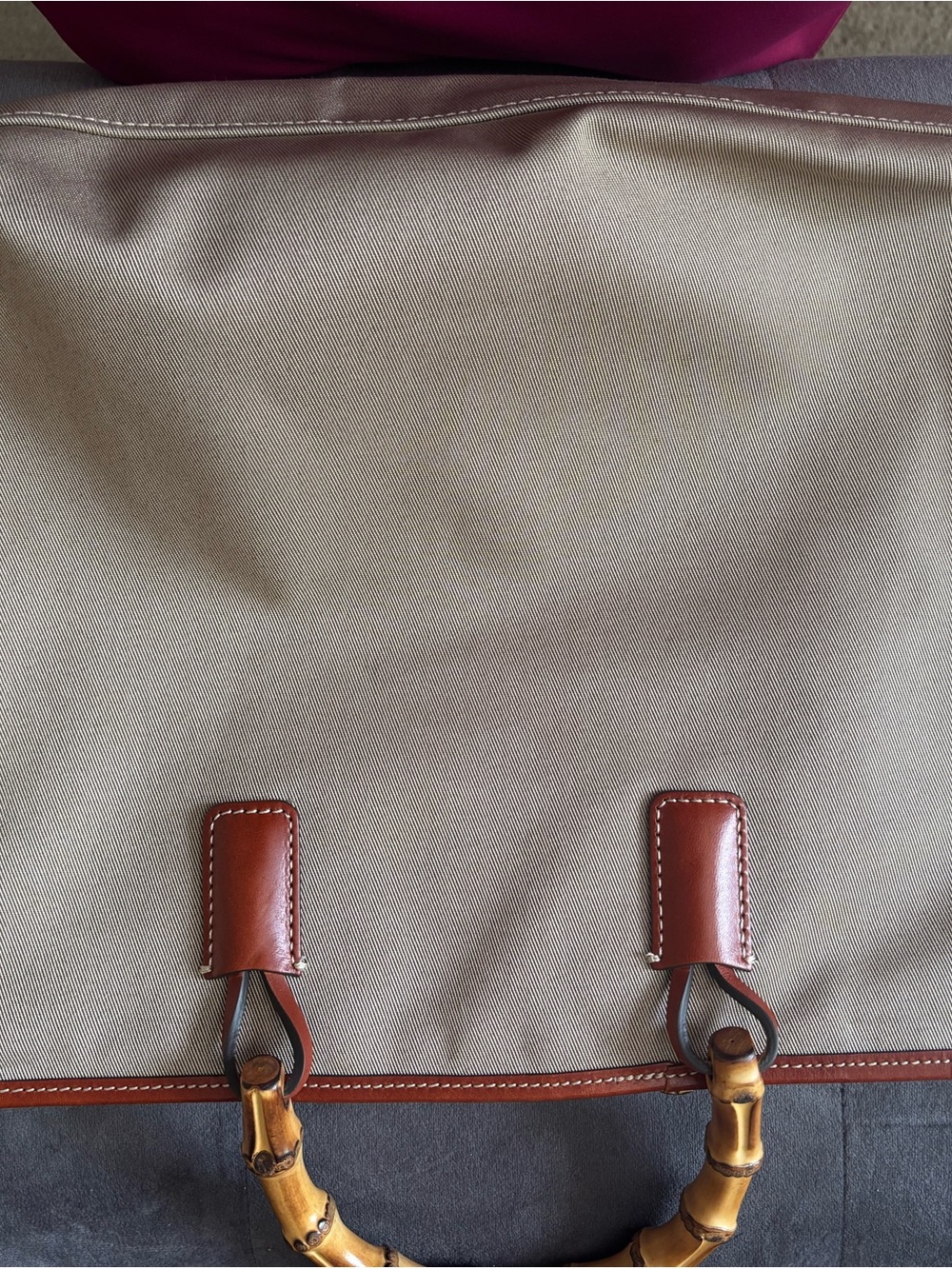 Dooney & Bourke Beige Canvas Satchel with Brown Leather Trim and Bamboo Handles - Picture 3 of 3